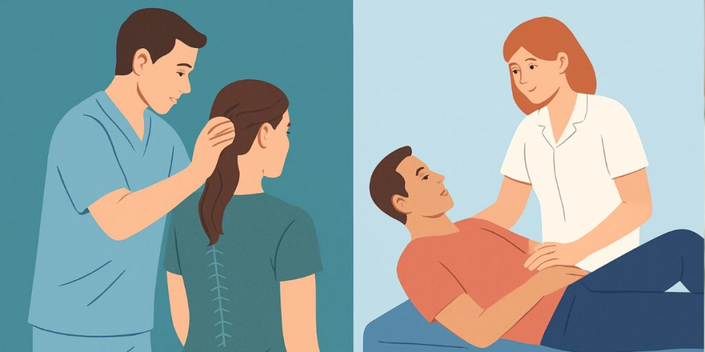 Illustration comparing chiropractor and osteopath treatments, showing posture and technique differences