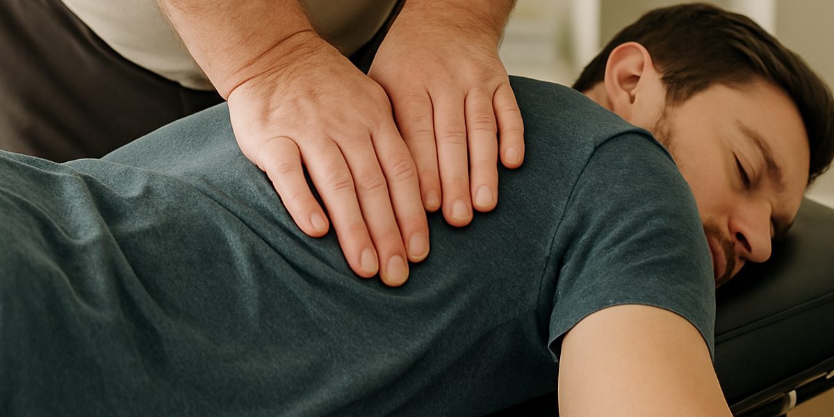 Chiropractic Sciatica Treatment Session Chiropractor providing sciatic pain relief for male patient on treatment table